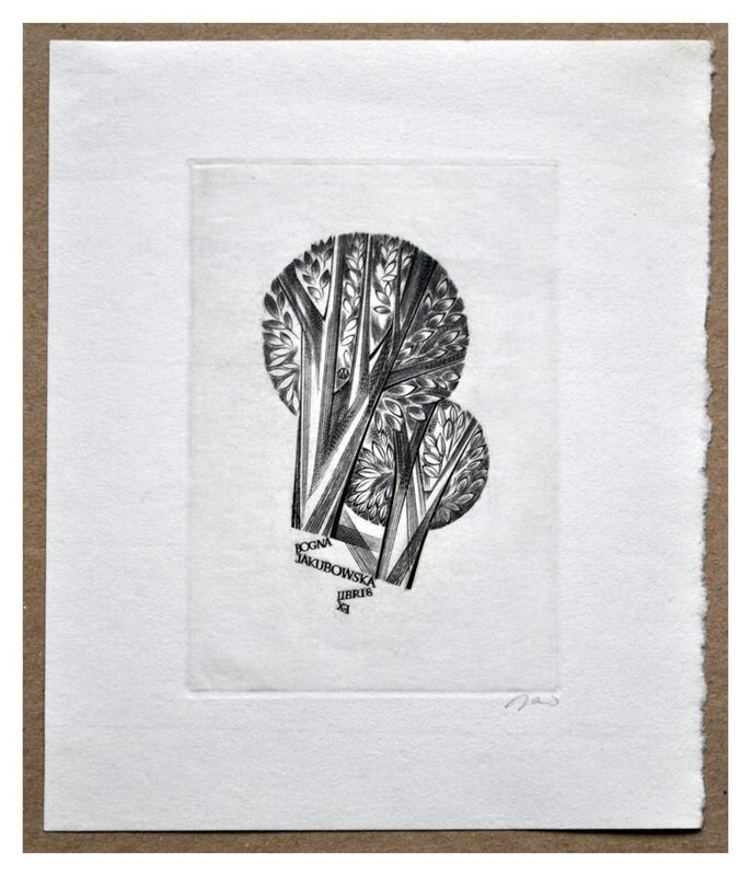 Jakubowski Wojciech (206/1964) Exlibris Bogna Jakubowska, 78x54, dwa drzewa