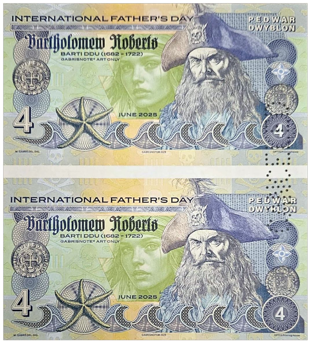 2025/06d 4 dublony Bartholomew Roberts, Międzynarodowy Dzień Ojca - bez serii z perforacją CANCELED (arkusz)
