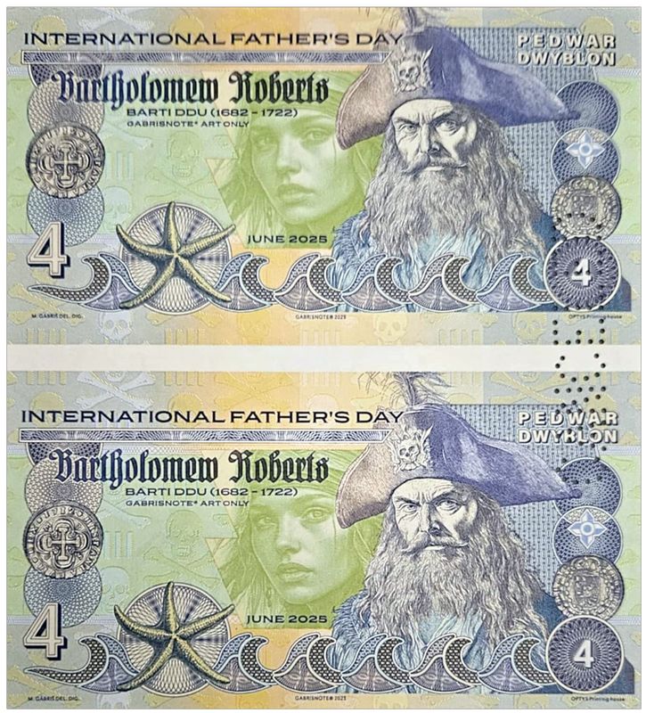 2025/06d 4 dublony Bartholomew Roberts, Międzynarodowy Dzień Ojca - bez serii z perforacją CANCELED (arkusz)