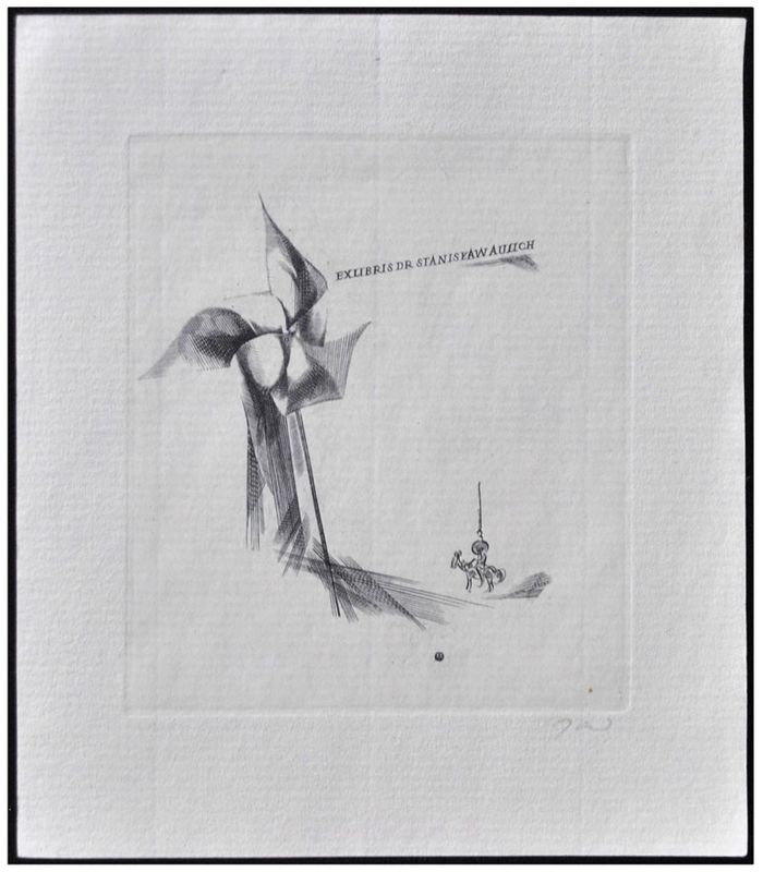 Jakubowski Wojciech (155/1962) Ex libris dr Stanisław Aulich, 72x63, Don Quijot i wiatrak