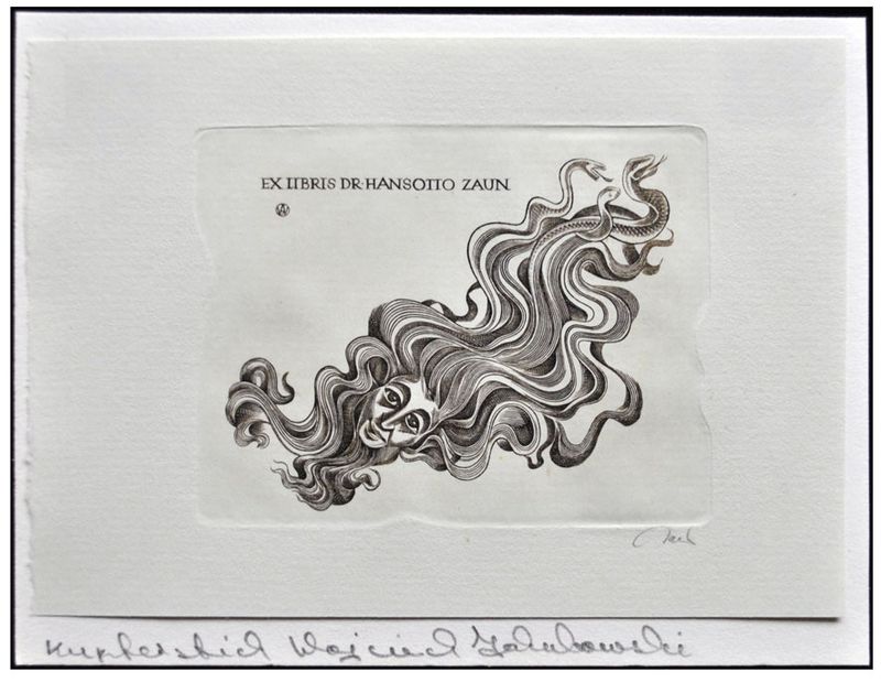 Jakubowski Wojciech (707/1992) Ex libris Dr. Hansotto Zaun, 59x75, twarz i węże