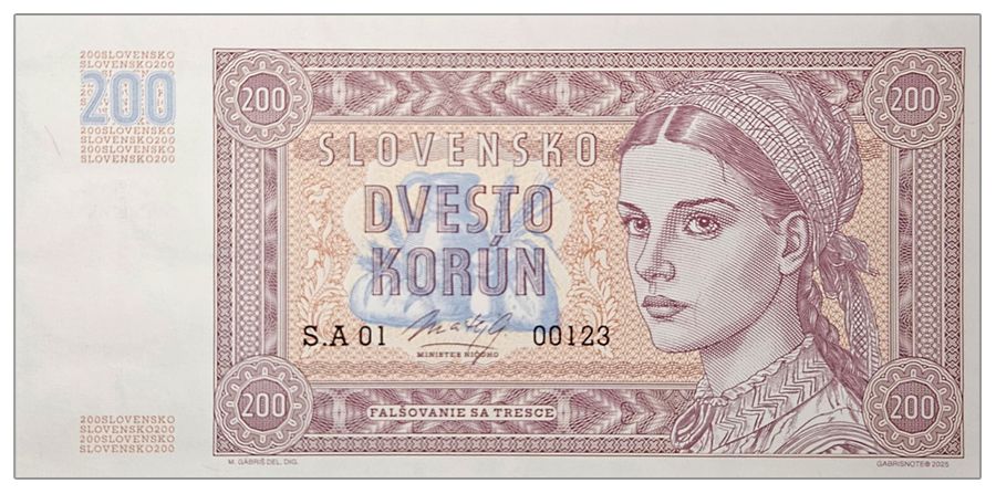 2025/08b Słowacja 200 koron numerowana seria S.A 01 (wariant B)