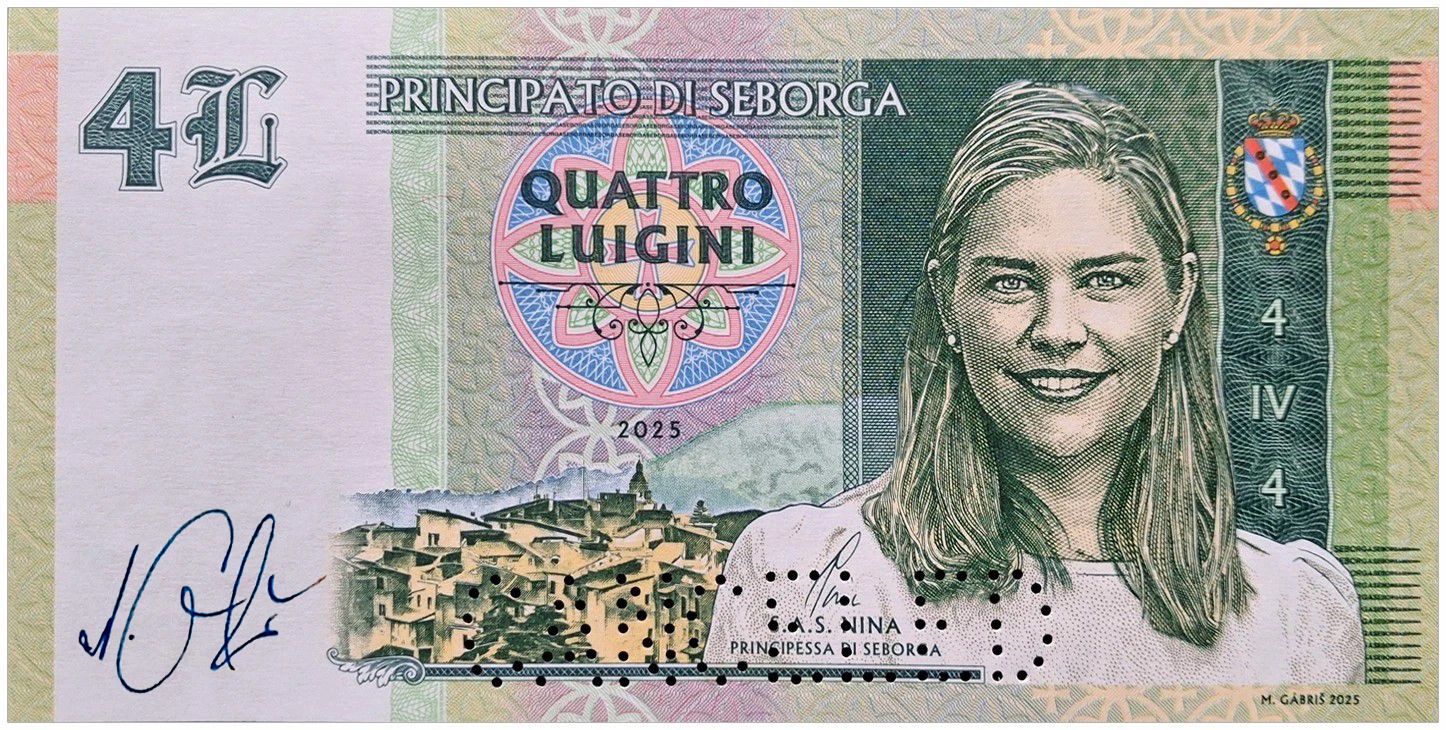 2025/10d 4 luigini Księstwo Seborga Księżniczka Nina (bez serii i numeru) + perforacja CANCELED + autograf Mateja Gábriša