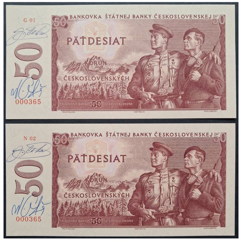 2023/20e 50 koron Czechosłowacja niezrealizowany projekt 1963 (seria G01+N02 numer 000365) + autograf Jozefa Česli + autograf Mateja Gábriša