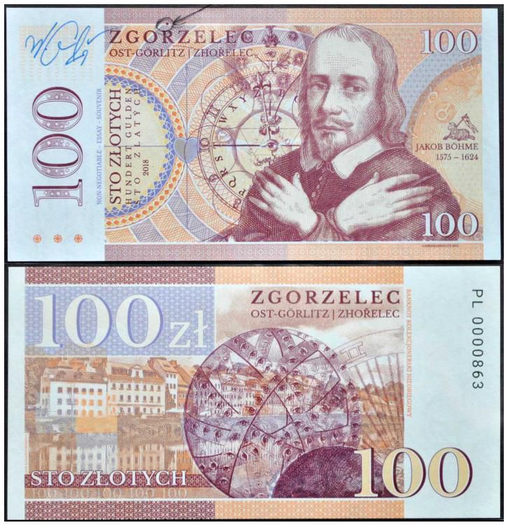 2018 100 złotych, Jakob Böhme, Zgorzelec (numerowana seria PL) - wariant z kropką