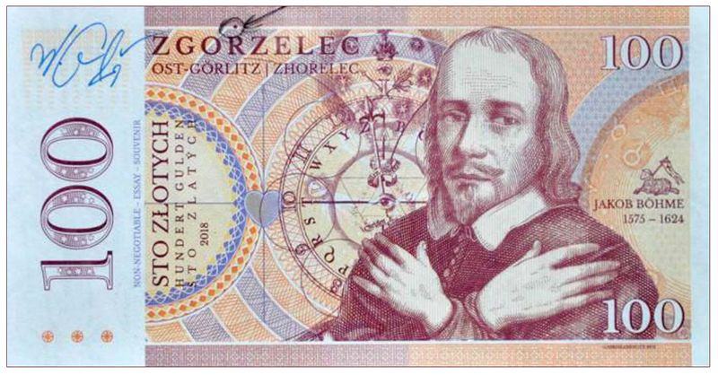 2018 100 złotych, Jakob Böhme, Zgorzelec (numerowana seria PL) - wariant z kropką