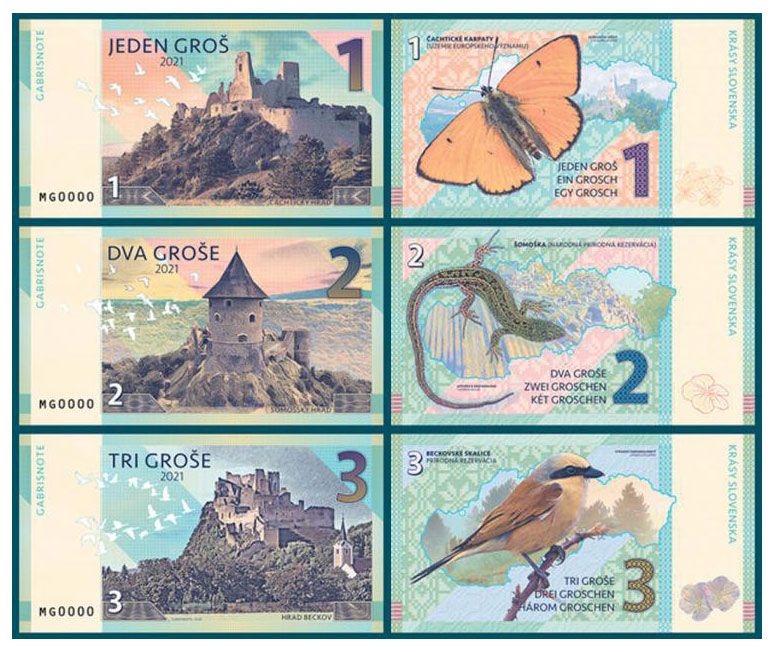 2021/05 1, 2, 3 grosze seria Słowackie zamki (numerowana seria C, S, B)