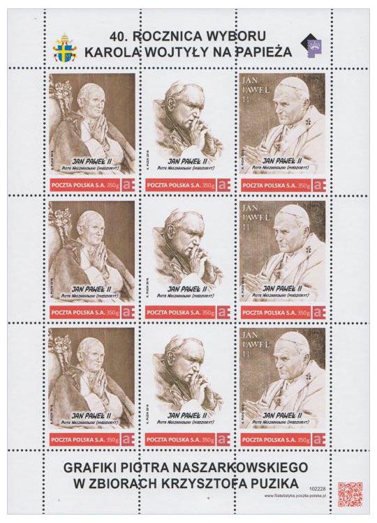 KP045-47 Jan Paweł II - 40. rocznica wyboru, grafiki Piotra Naszarkowskiego (arkusz)