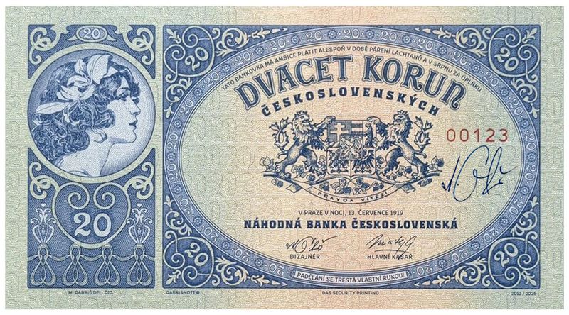 2025/01b 20 koron czechosłowackich 1919 (numerowana bez serii) + autograf Mateja Gábriša
