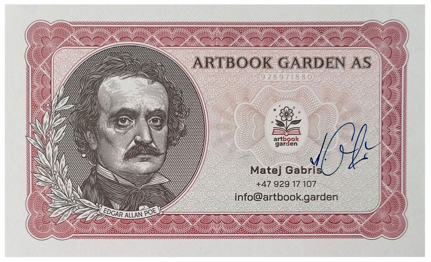 2024/21ag Edgar Allan Poe - Matej Gabris - wizytówka wersja A + autograf Mateja Gábriša