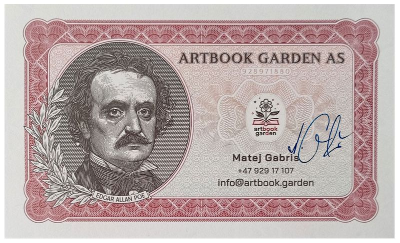 2024/21ag Edgar Allan Poe - Matej Gabris - wizytówka wersja A + autograf Mateja Gábriša