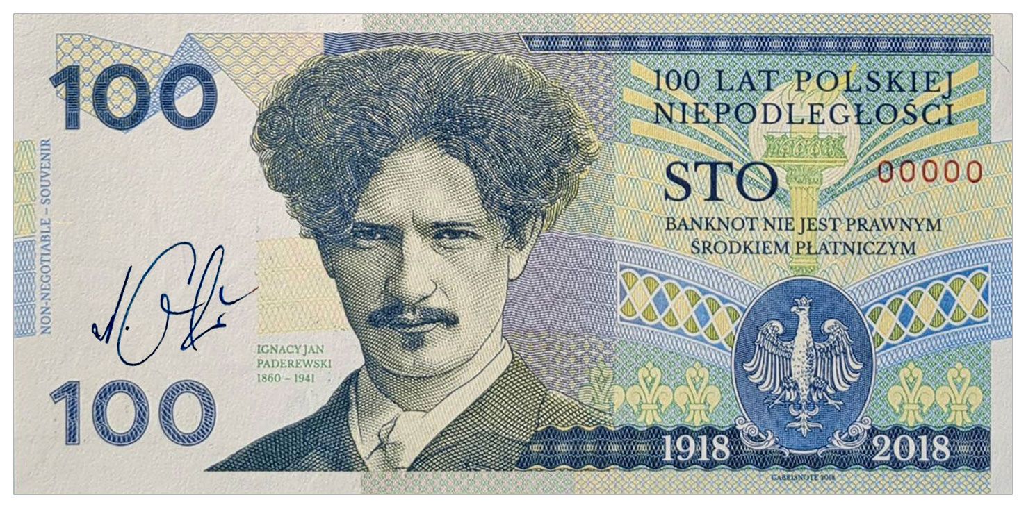 2025/05e Ignacy Paderewski - 100 lat Niepodległości Polski (00000) + autograf Mateja Gábriša