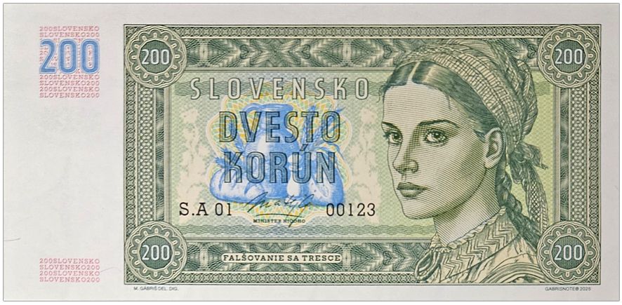 2025/08d Słowacja 200 koron seria MG01 00000 (wariant A) + seria MG02 00000 (wariant B) zestaw