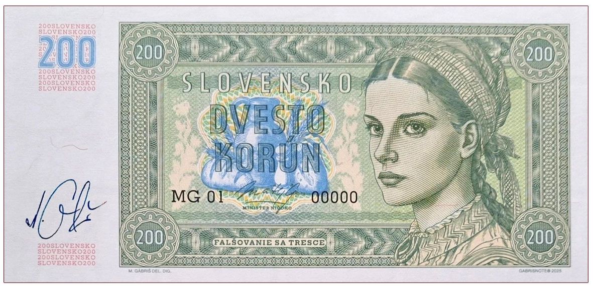 2025/08e Słowacja 200 koron seria MG01 00000 (wariant A) + seria MG02 00000 (wariant B) zestaw + autografy Mateja Gábriša