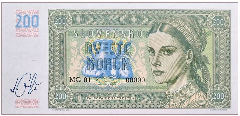 2025/08e Słowacja 200 koron seria MG01 00000 (wariant A) + seria MG02 00000 (wariant B) zestaw + autografy Mateja Gábriša