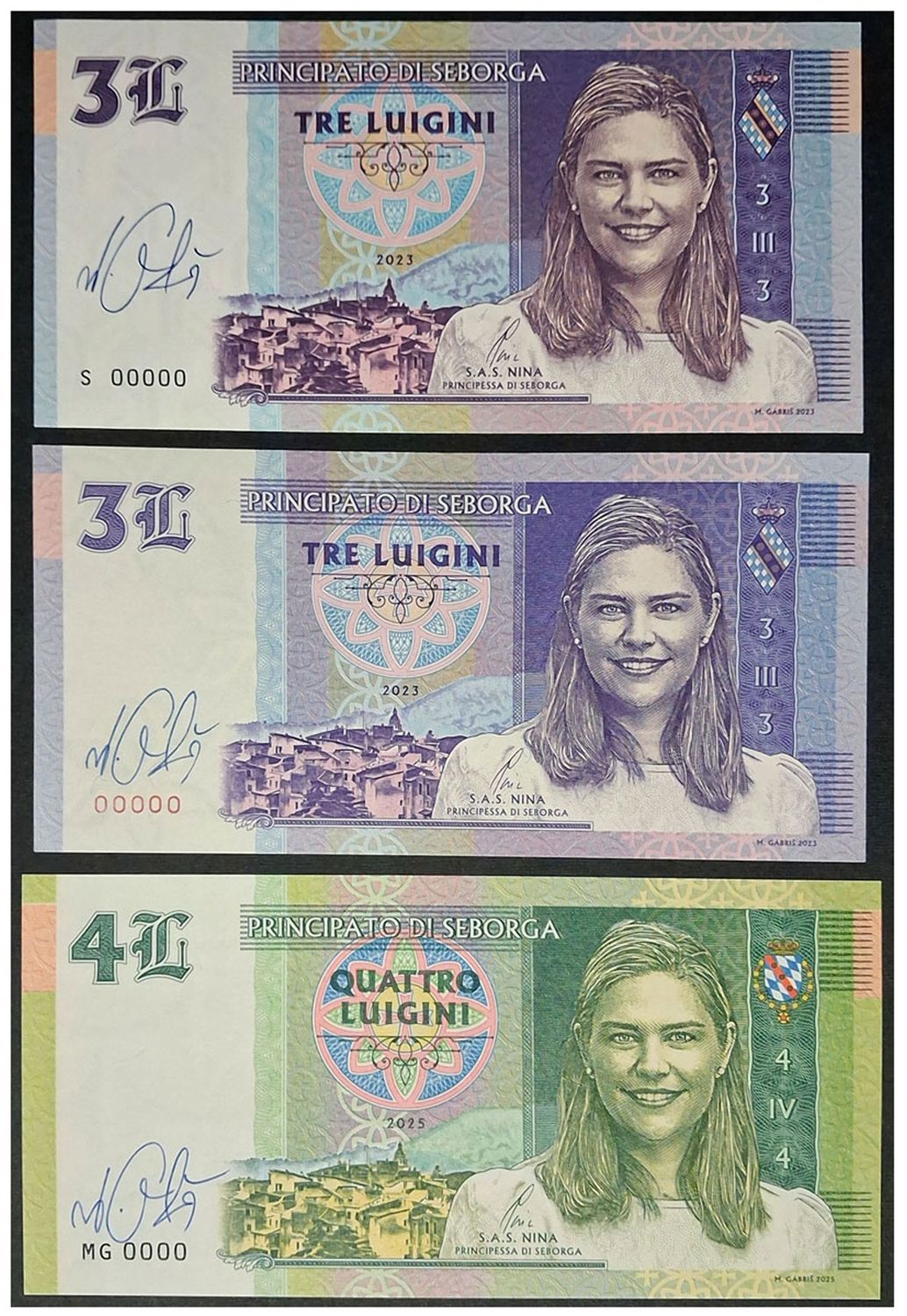 2023-2025 Księstwo Seborga - Księżniczka Nina - zestaw: S00000(2023), 00000(2024), MG00000(2025) + autografy Mateja Gábriša