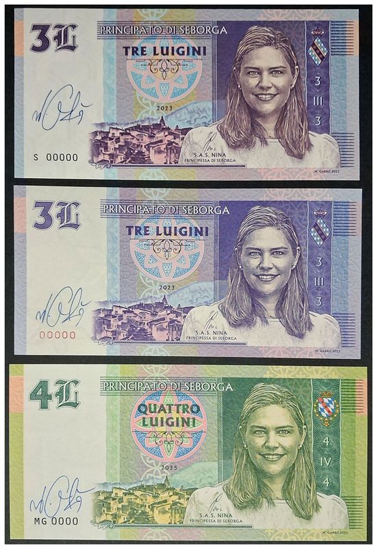 2023-2025 Księstwo Seborga - Księżniczka Nina - zestaw: S00000(2023), 00000(2024), MG00000(2025) + autografy Mateja Gábriša