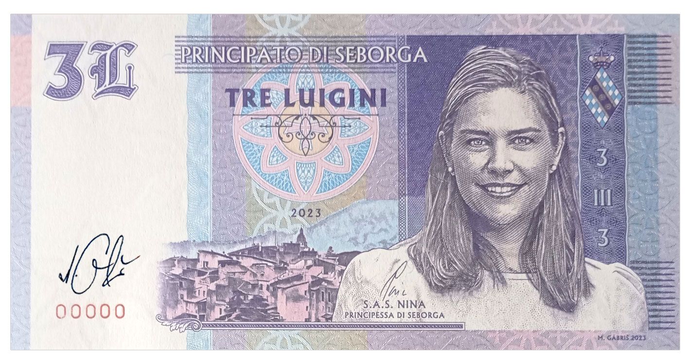 2024/15ag 3 luigini Księstwo Seborga Księżniczka Nina (seria 00000) + autograf Mateja Gábriša