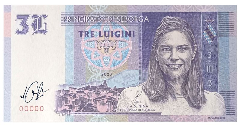 2024/15ag 3 luigini Księstwo Seborga Księżniczka Nina (seria 00000) + autograf Mateja Gábriša