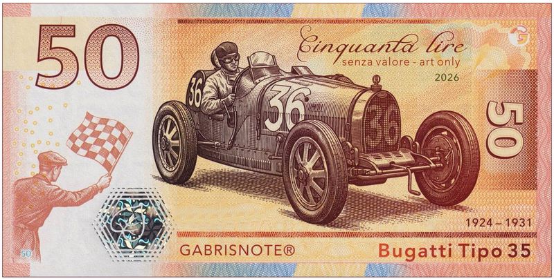 2026/07c 50 lirów Bugatti Tipo 35 (bez serii i numeru) + perforacja CANCELED