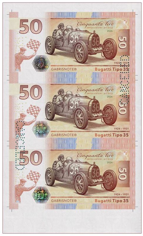 2026/07d 50 lirów Bugatti Tipo 35 (arkusz) + perforacja CANCELED