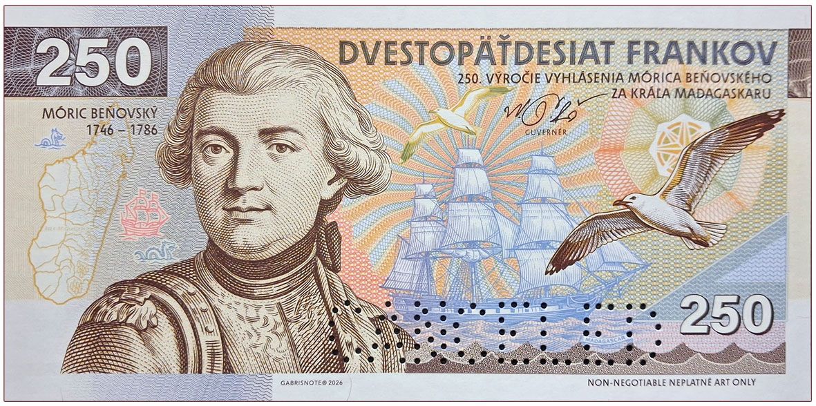 2026/09c 250 franków Maurycy Beniowski  (1746-1786) (bez serii i numeru) + perforacja CANCELED