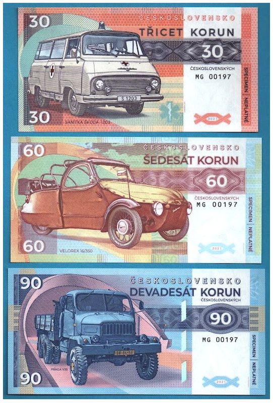 2021/10d 30, 60, 90 koron Praga V3S Skoda 1203 Velorex 16/350 (numerowana seria S, V, T)
