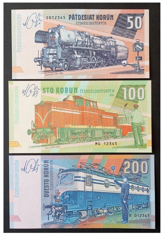 2022/03xg 50, 100, 200 koron Lokomotywy (Z012345, MG12345, B012345) zestaw + autografy Mateja Gábriša