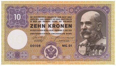 2021/07cg 10 koron cesarz Franciszek Józef I (numer MG.01 00000) + autograf Mateja Gábriša