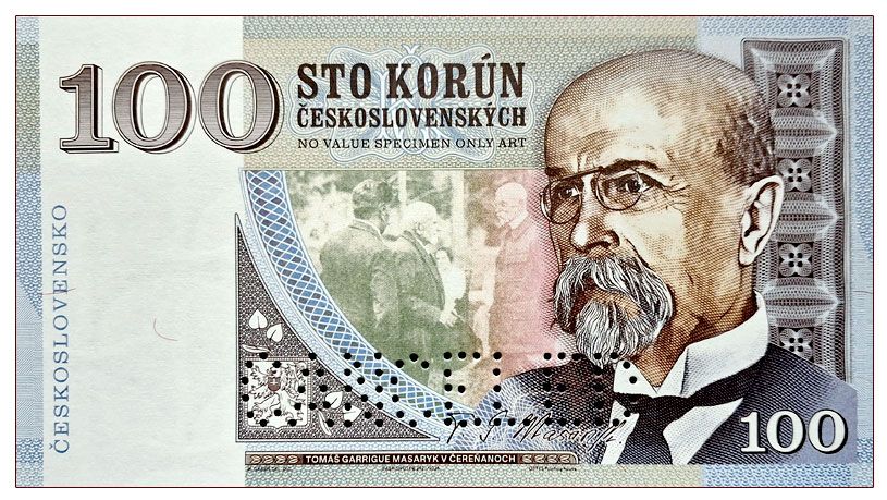 2026/10d 100 koron T.G. Masaryk (1850-1937) wersja B (bez serii i numeru) + perforacja CANCELED