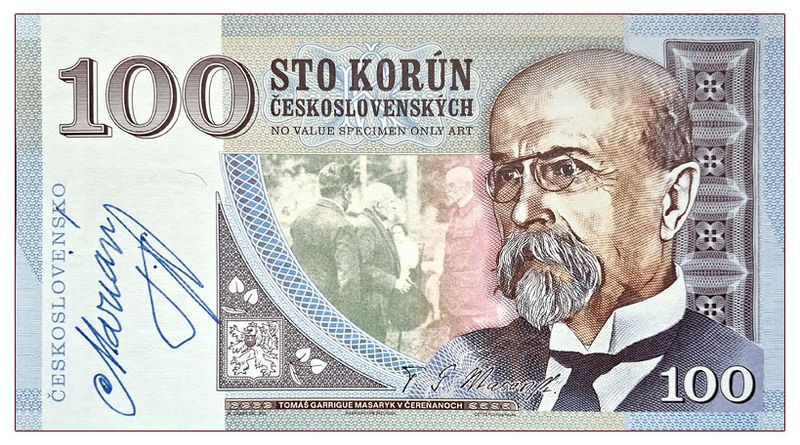 2026/10b 100 koron T.G. Masaryk (1850-1937) wersja B (bez serii i numeru) + autograf Mariána Fila