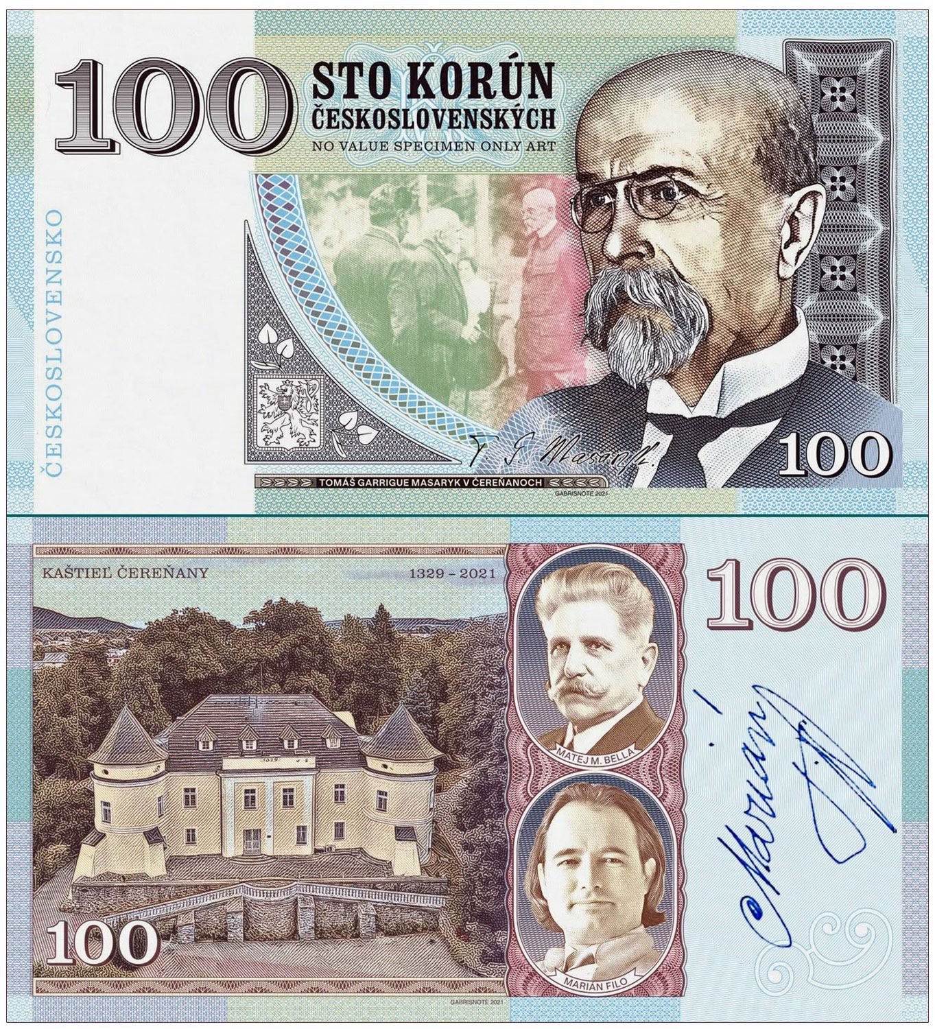 2026/10bf 100 koron T.G. Masaryk (1850-1937) wersja B (bez serii i numeru) + autograf Mariána Fila
