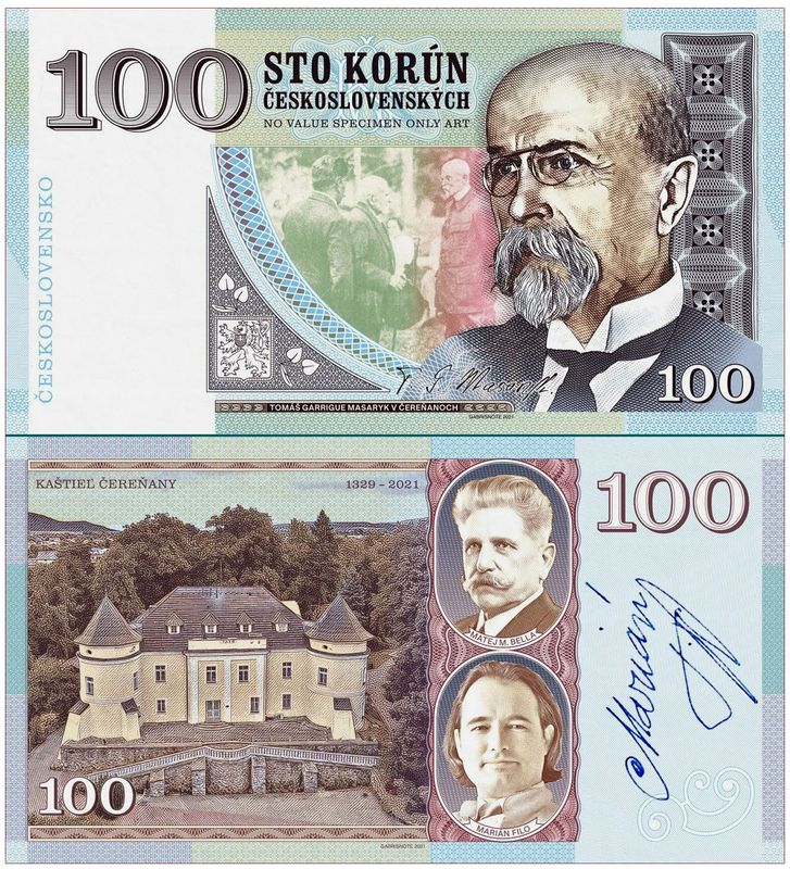 2026/10bf 100 koron T.G. Masaryk (1850-1937) wersja B (bez serii i numeru) + autograf Mariána Filo