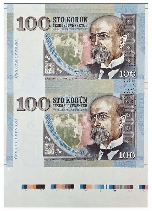 2026/10e 100 koron T.G. Masaryk (1850-1937) wersja B (arkusz) + perforacja CANCELED