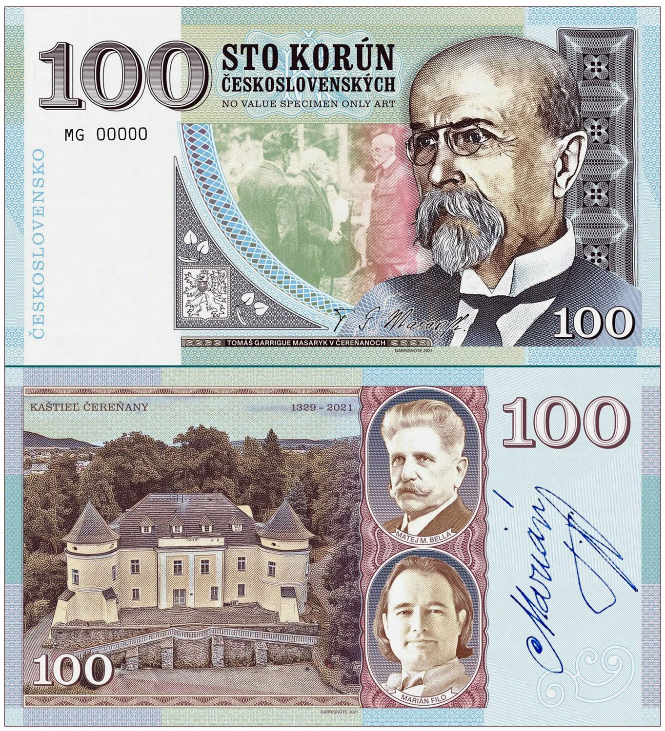 2026/10cf 100 koron T.G. Masaryk (1850-1937) wersja B (seria MG00000) + autograf Mariána Fila