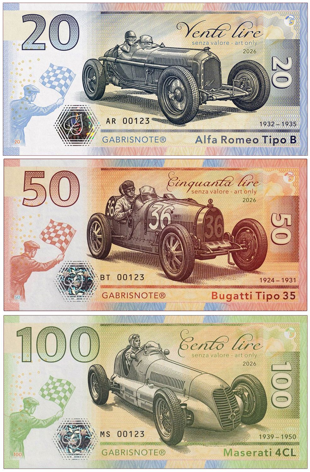 Zabytkowe pojazdy wyścigowe (2026) Alfa Romeo, Bugatti, Maserati (seria AR, BT, MS - te same numery)