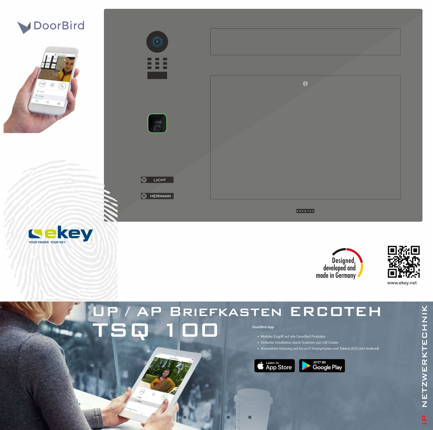 Aufputz-Unterputz-Briefkasten TSQ 100 mit DoorBird und ekey sline