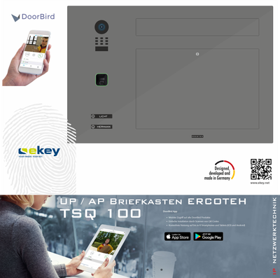Aufputz-Unterputz-Briefkasten TSQ 100 mit DoorBird und ekey sline