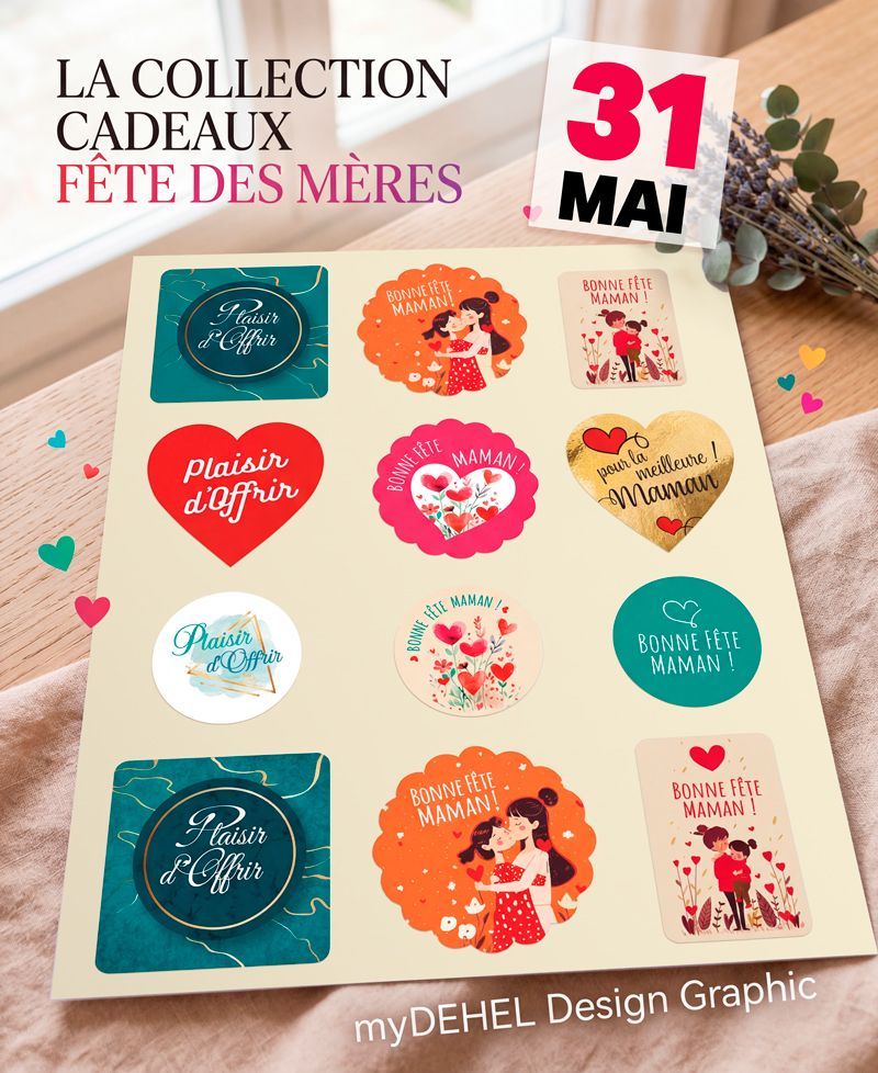 Étiquettes adhésives Bonne Fête Maman et Plaisir d'Offrir sur papier Velin