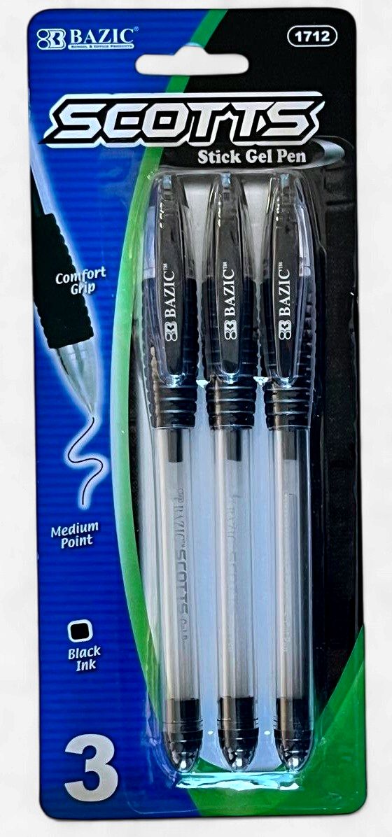BAZIC #1712 SCOTTS STICK GEL PEN BLACK INK (3 PACK)