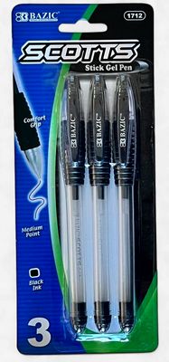 BAZIC #1712 SCOTTS STICK GEL PEN BLACK INK (3 PACK)