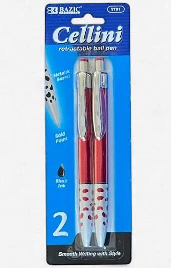 BAZIC #1751 CELLINI RETRACTABLE BALL PEN BLACK INK (2PACK)