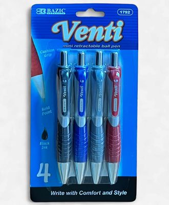 BAZIC #1792 VENTI MINI RETRACTABLE BALL PEN BLACK INK (4PACK)