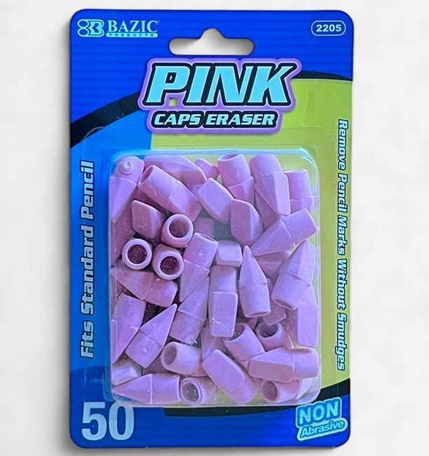 BAZIC #2205 PINK CAP ERASER FITS STANDARD PENCIL (50PACK)
