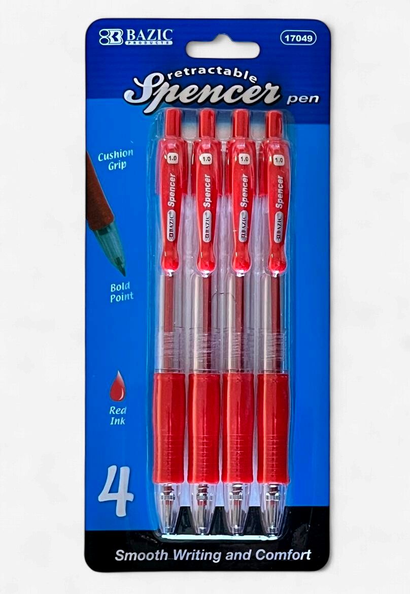 BAZIC #17049 SPENCER RETRACTABLE PEN RED INK (4 PACK)