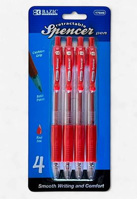 BAZIC #17049 SPENCER RETRACTABLE PEN RED INK (4 PACK)