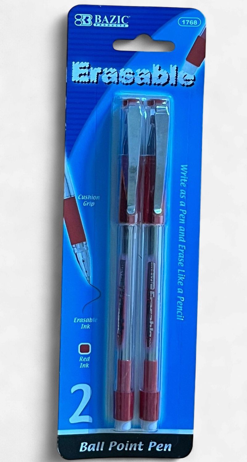 BAZIC #1768 ERASABLE RED BALL POINT PEN (2PACK)