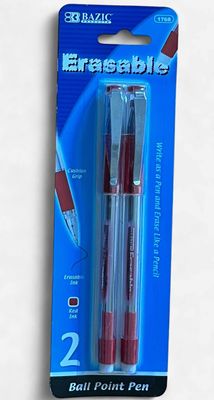 BAZIC #1768 ERASABLE RED BALL POINT PEN (2PACK)