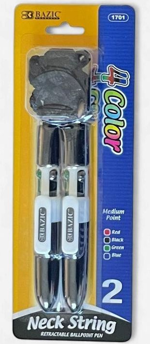 BAZIC #1701 NECK STRING RETRACTABLE BALLPOINT PEN 4 COLOR (2 PACK)