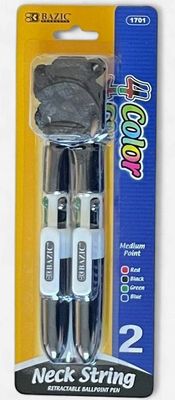 BAZIC #1701 NECK STRING RETRACTABLE BALLPOINT PEN 4 COLOR (2 PACK)